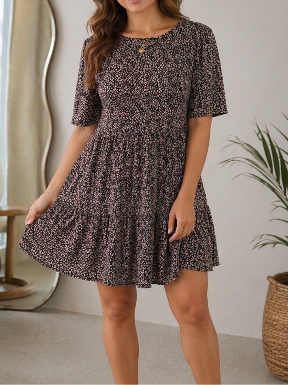 LC Lauren Conrad Black and Pink Short sleeve floral tiered dress